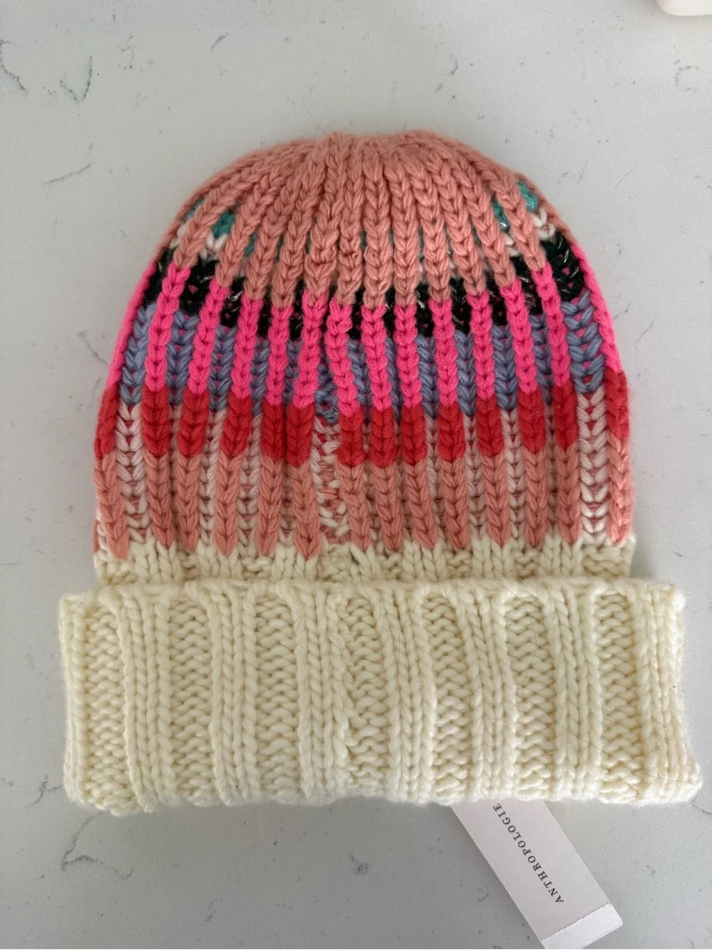 Anthropologie Multicolor Knit Beanie - Pink, Cream & Red Accents